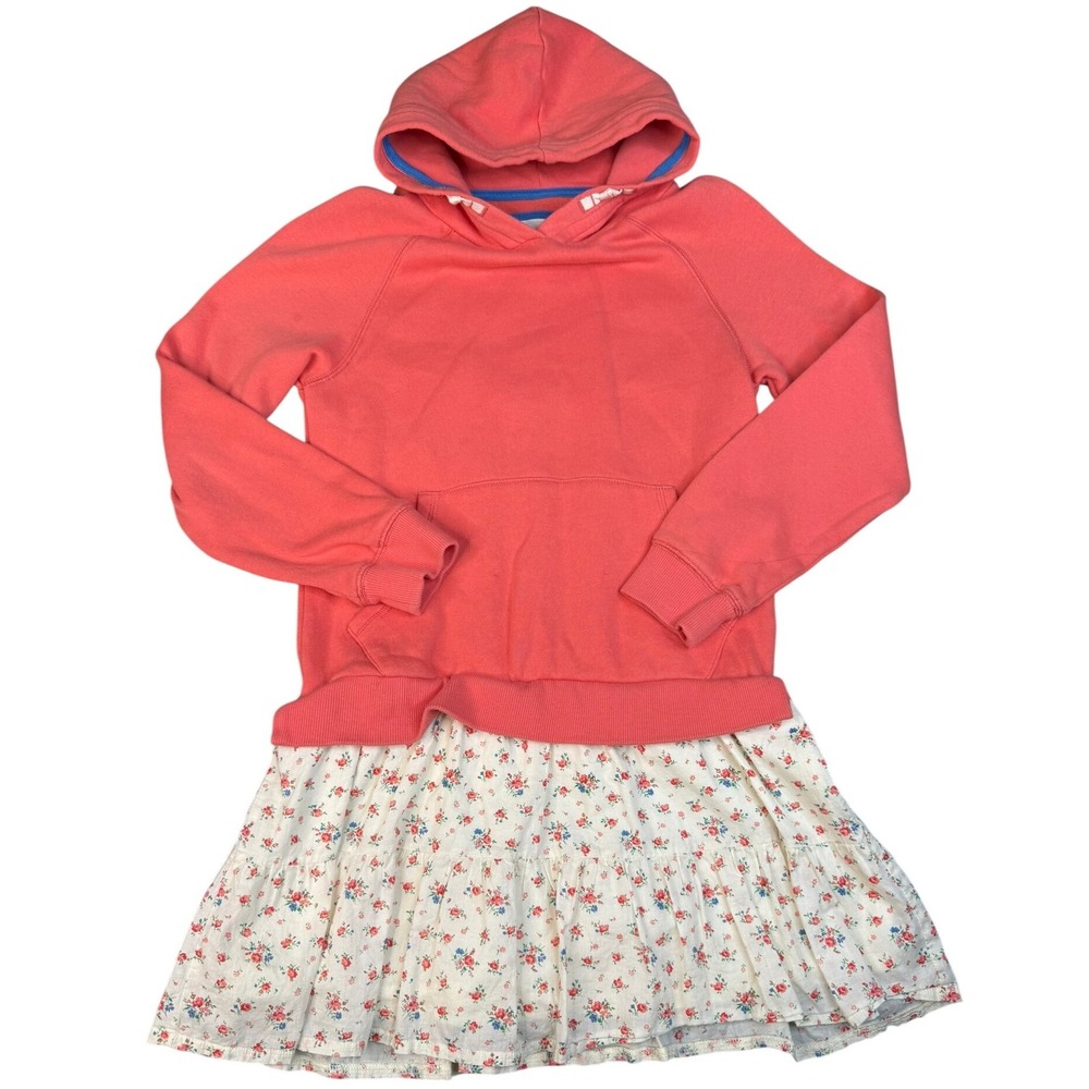 Boden Girls Coral Pink Hoodie Dress Floral Tiered Skirt Size 9-10Y